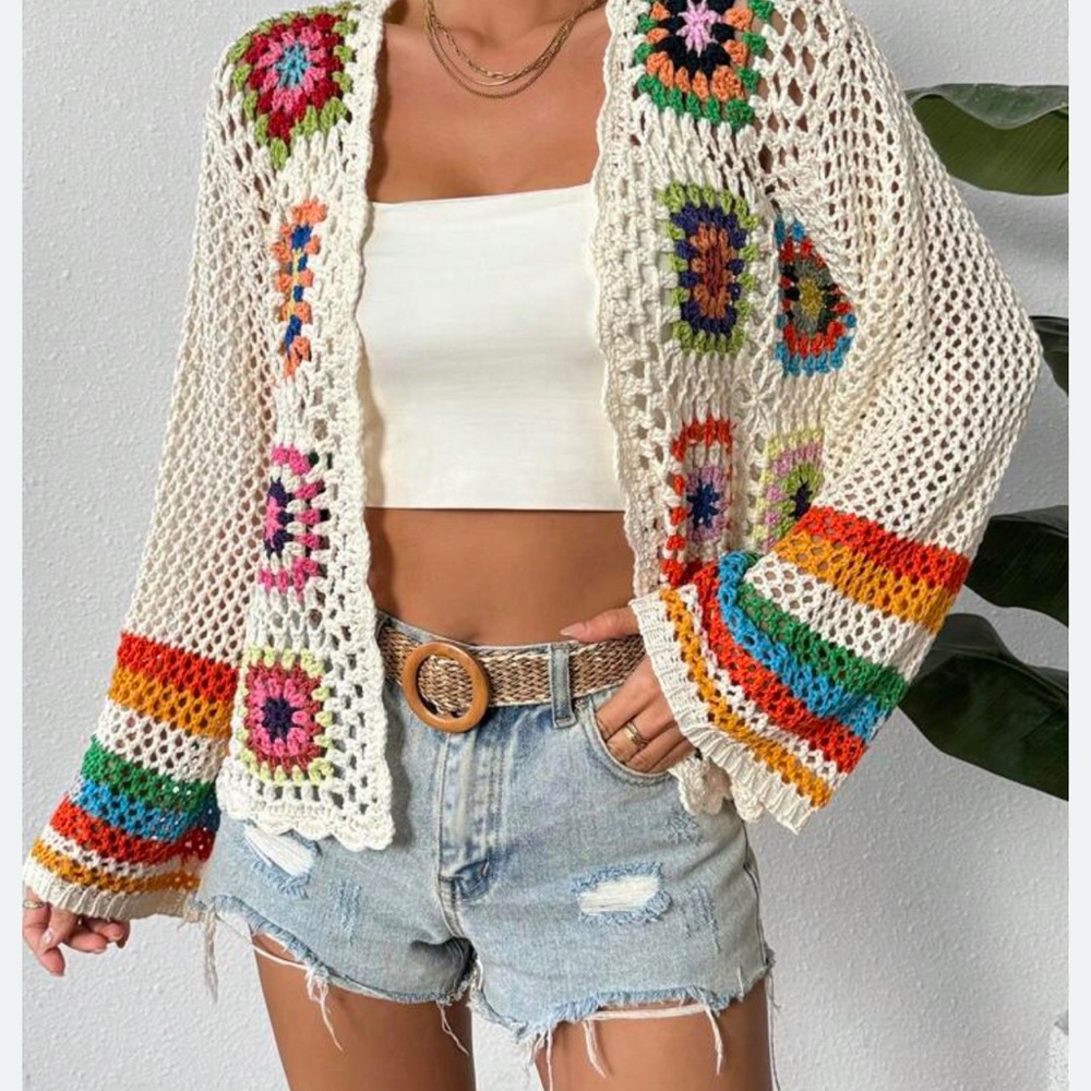 Hippie Colorful Crochet Open-Front 2024 Sweater size 2X (runs small like a 1X)